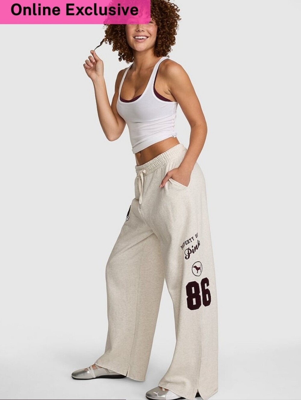 Victoria's Secret PINK Campus Fleece Wide Leg Sweatpants Snow Heather PATCHES
